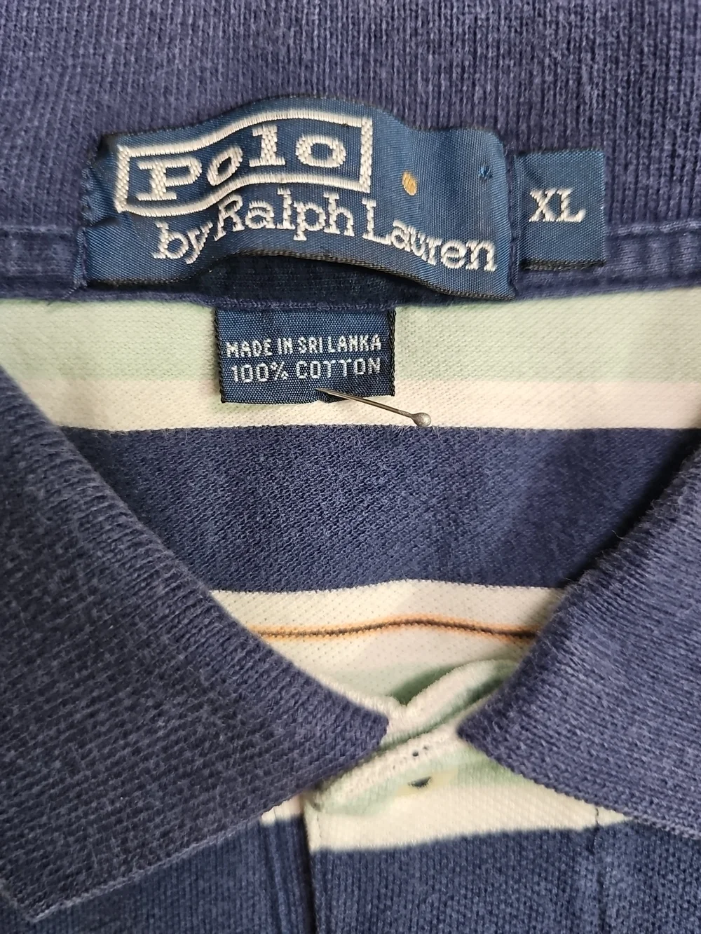 Vintage Polo Ralph Lauren Orange Pony Men XL Blue Teal Navy Striped Ribbed Shirt